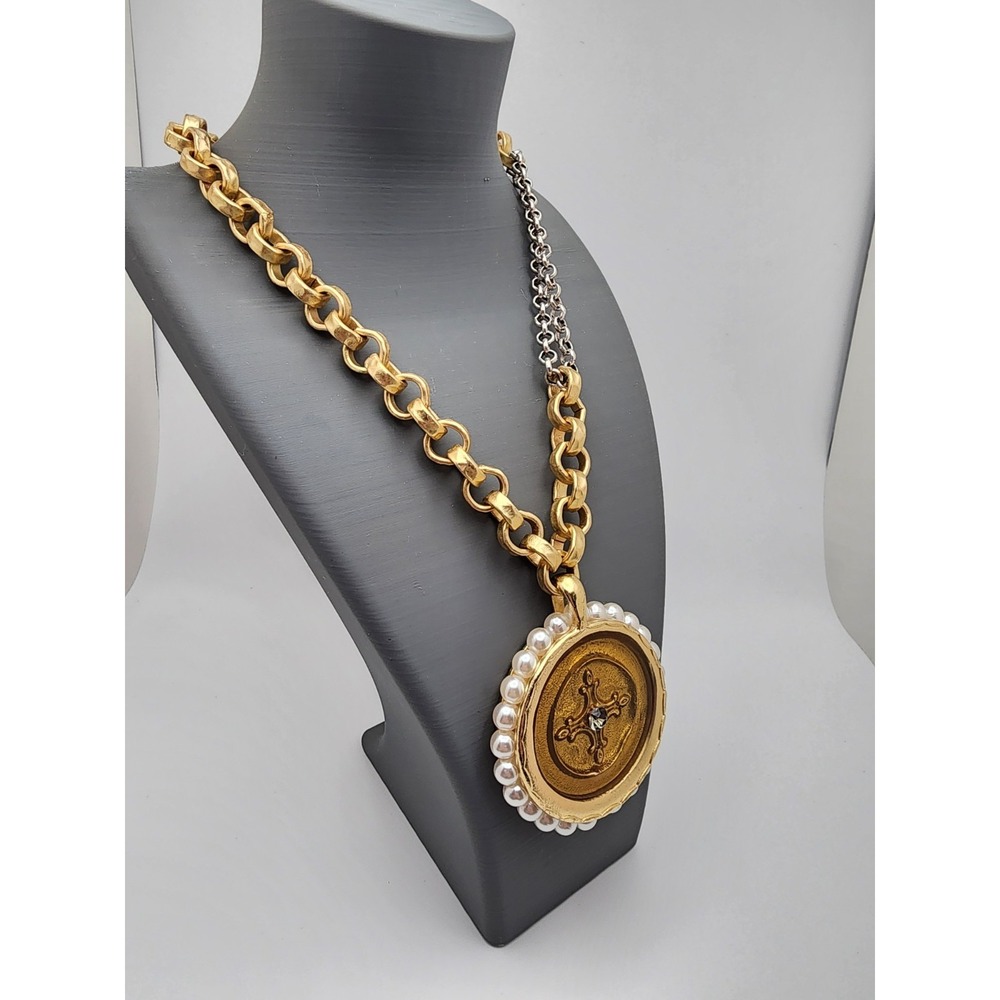 Chico's Gold & Silver Tone Faux Pearl Medallion Cross Pendant Statement Necklace - Picture 5 of 10